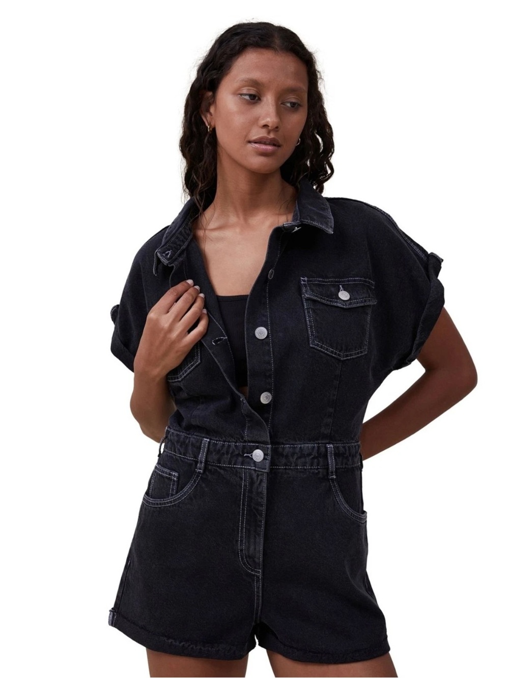 COTTON ON Black Short Denim Jumpsuit Overalls